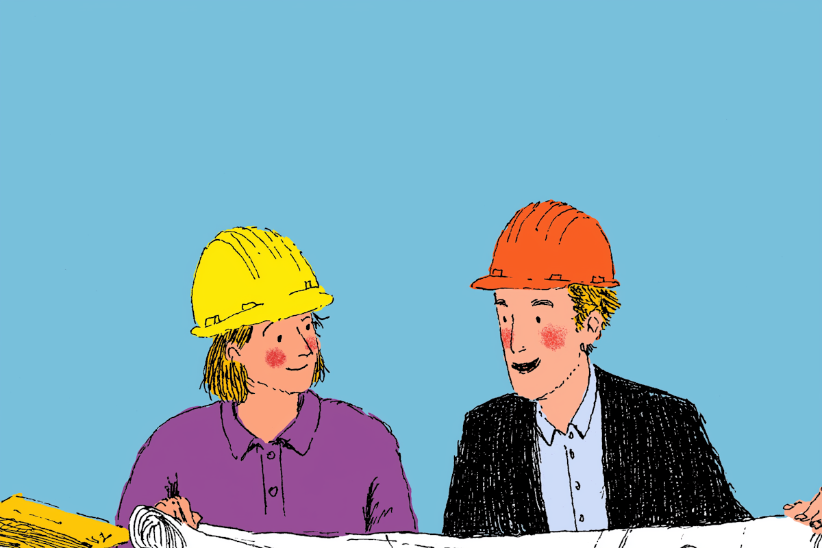 Two people in construction helmets discussing plans, used for an article about ChatGPT safety oversight and consumer protection