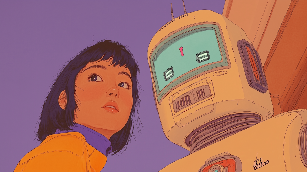 Contemplative young person beside a retro robot, used for an article about AI-first workplace fatigue