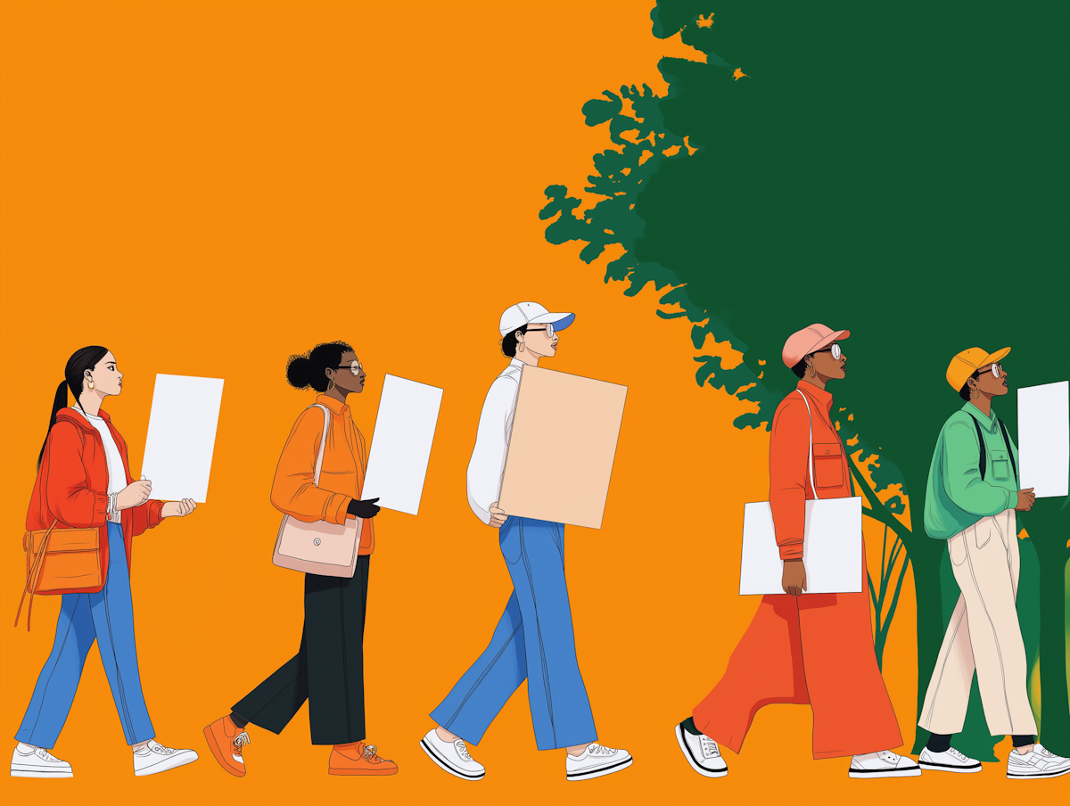Illustration of people walking together while holding blank signs