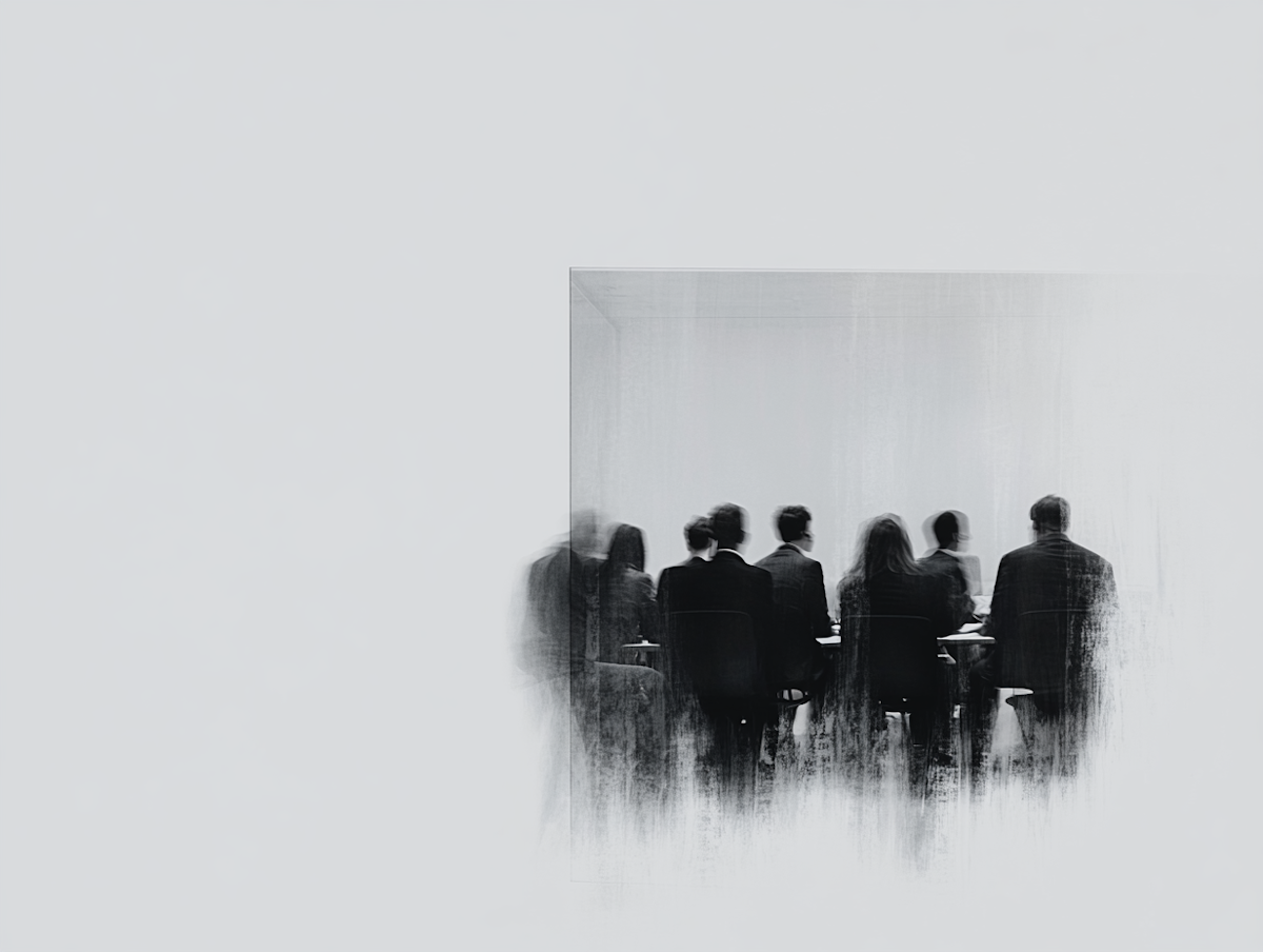 Monochrome image of people seated in a meeting room