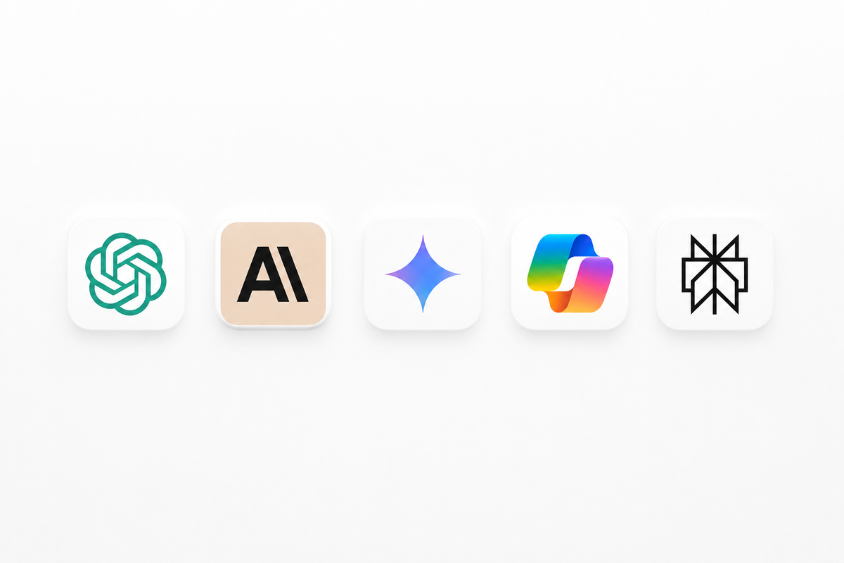 Five AI app icons arranged on a clean white background