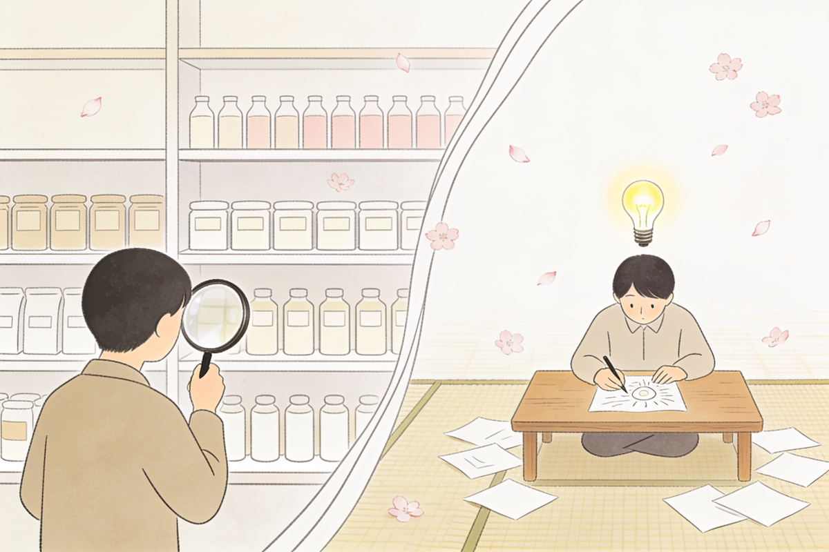 Illustration of product discovery and creative invention in a store-like scene