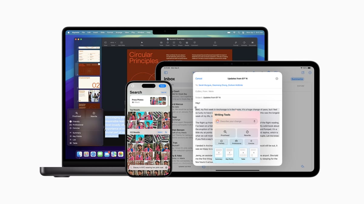 Apple Intelligence features shown across iPhone, iPad, and Mac devices in Apple's official image