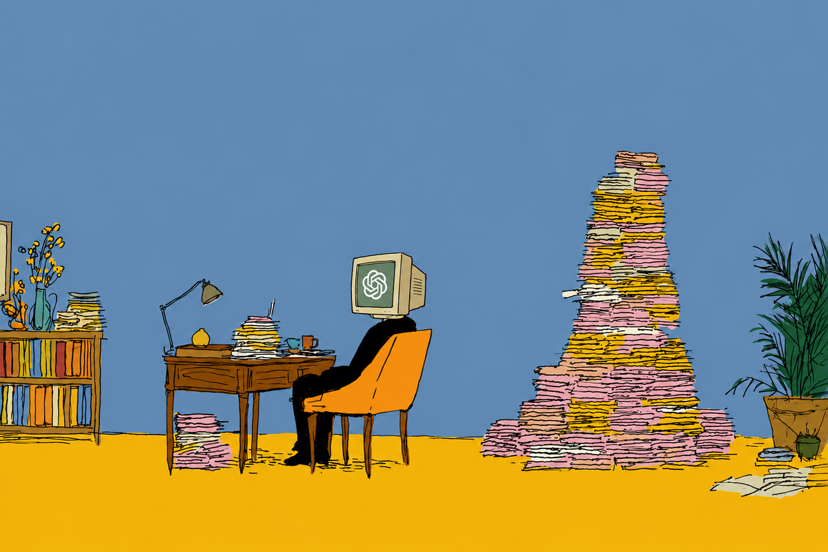 Illustration of a person with a ChatGPT monitor head sitting beside stacks of paperwork