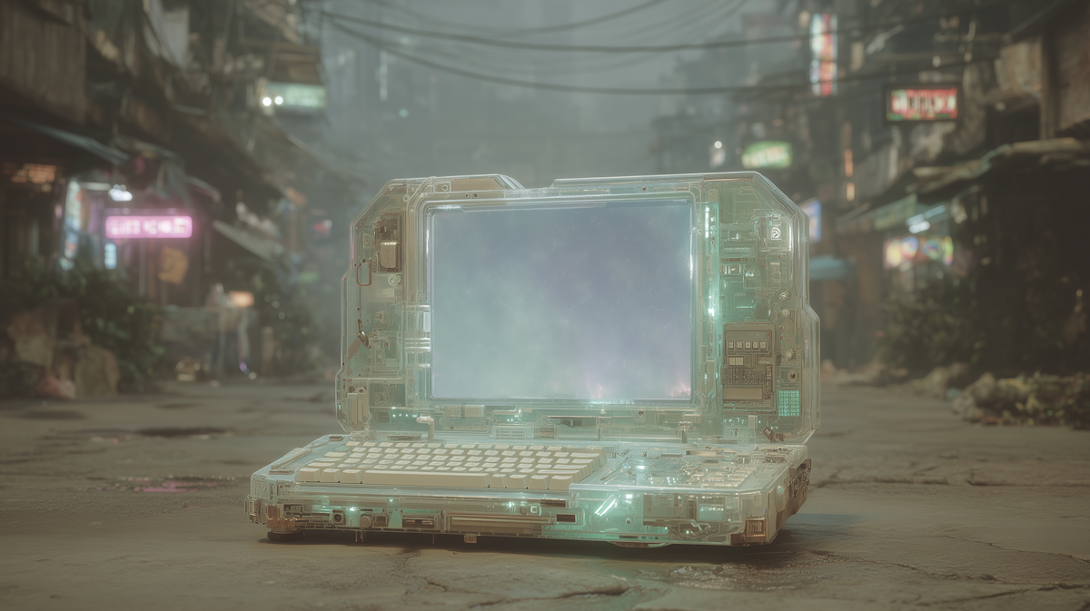 Futuristic transparent laptop in a cyberpunk street scene