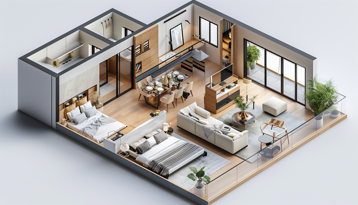 Isometric modern apartment interior with rooms and open living spaces