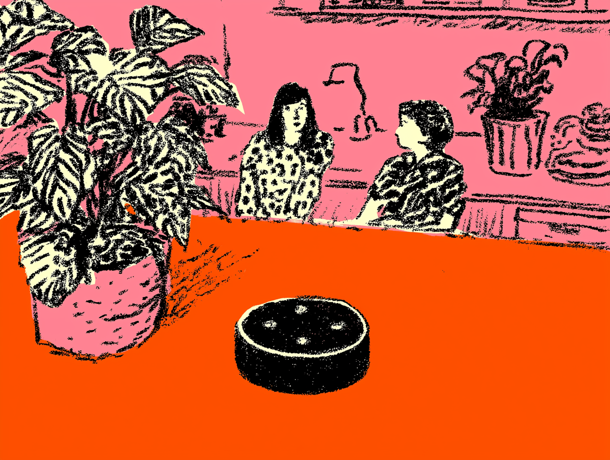 Illustrated kitchen scene with smart speaker and people in the background