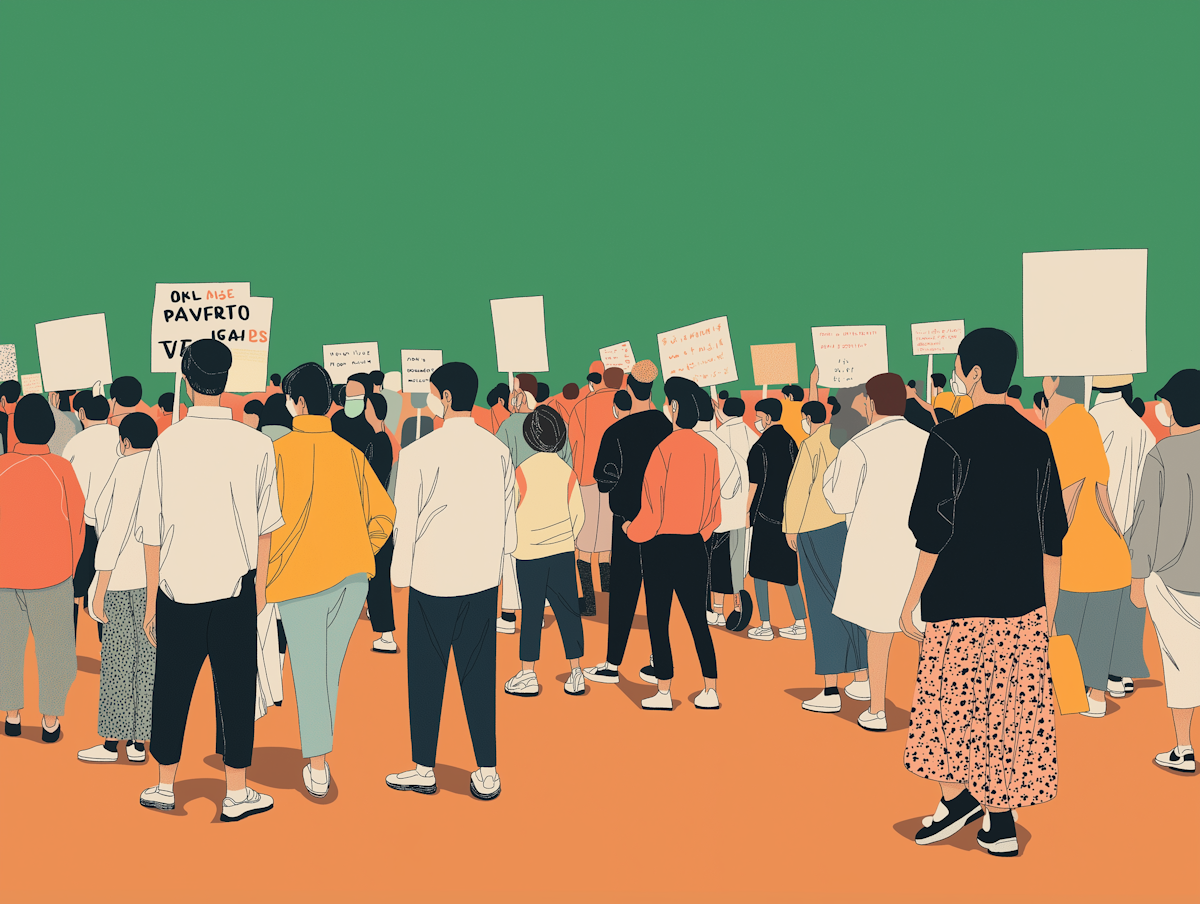 Illustration of a peaceful crowd holding signs, representing community moderation and public conversation