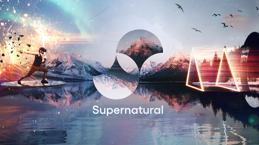 A person exercising in virtual reality inside a Supernatural landscape